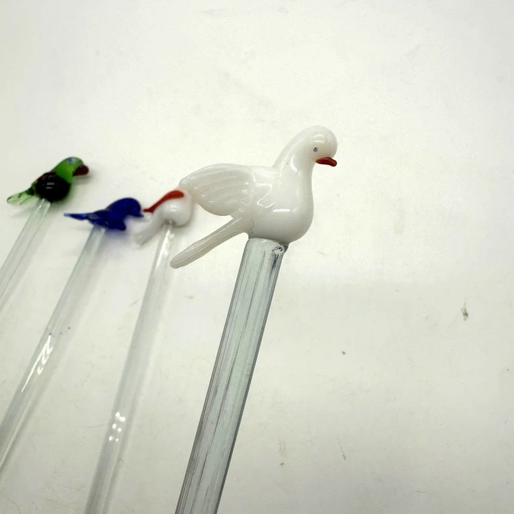 Art Glass Birds Of Britain Cocktail Glass Stirrers Set 4 Multicolor‎ Unmarked